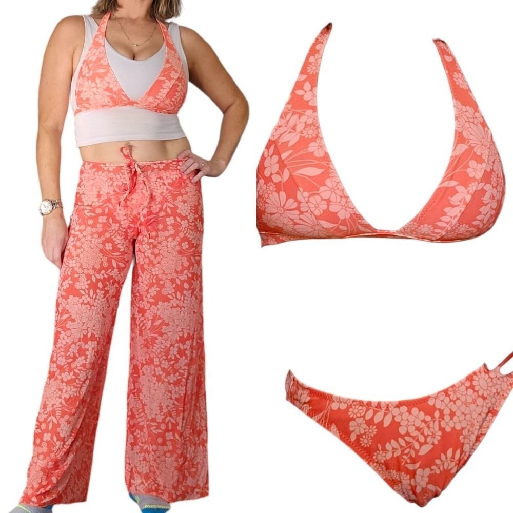 90s Orange Floral Bikini Swimsuit Set w Sheer Mesh Flare Pants Coverup 3 Pc SEXY